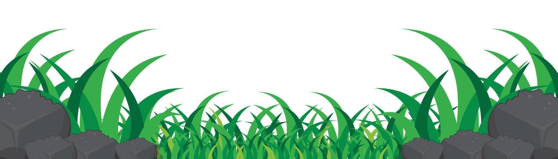 Green grass border isolated on white background. Grass landscape. Rocks and grass background vector