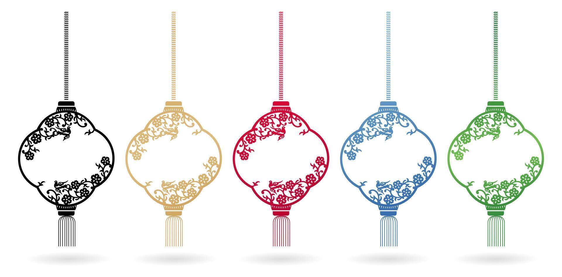 five color hanging chinese lanterns element with cherry blossom and birds ornaments isolated white backgrounds for accessories, invitation birthday cards, gift paper, screen printing glass and acrylic vector