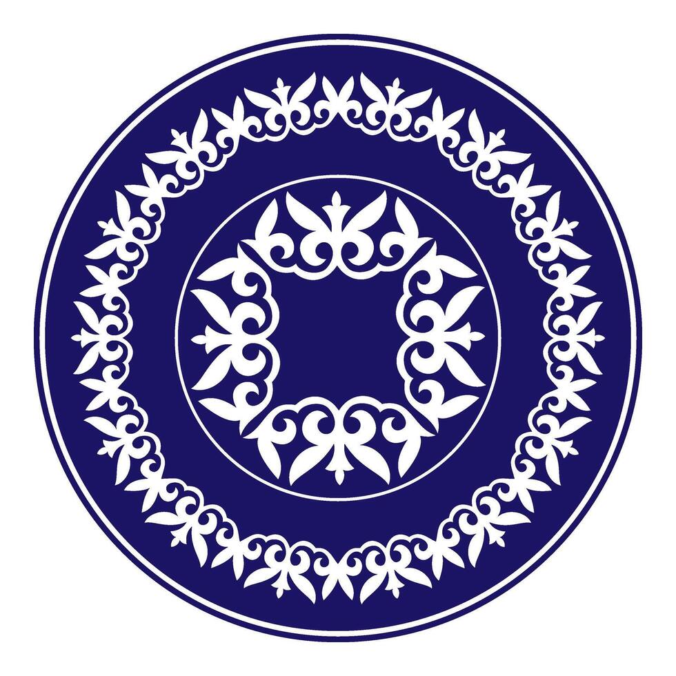 Blue round Kazakh national ornament. Ethnic pattern of the peoples of the Great Steppe, Kazakh, Mongols, Kyrgyz, Kalmyks. circle, frame border. For sandblaster, ceramic, plate, print design vector