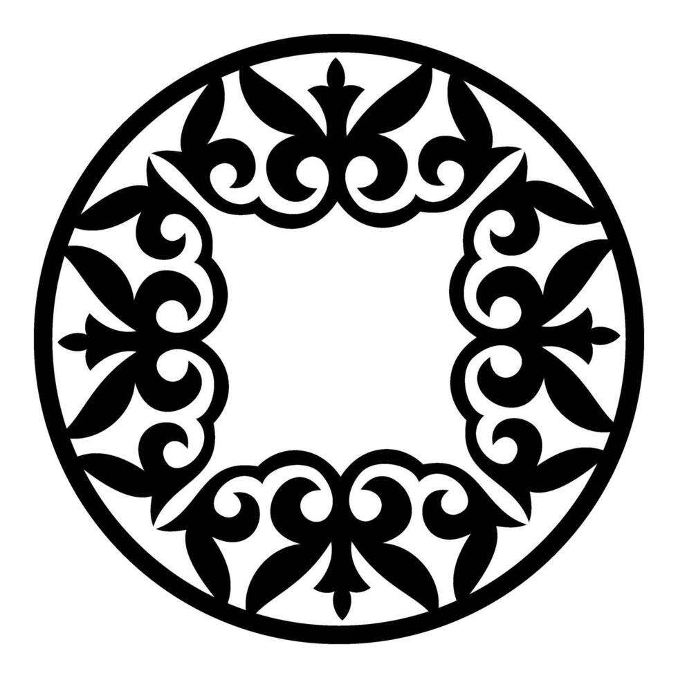 Traditional ornament of middle Asia for decoration of clothe, yurt. Nomadic ornament. Pattern frame for round surface, household utensil, textile, embroidery. Ethnic frame with arabesques. EPS. vector