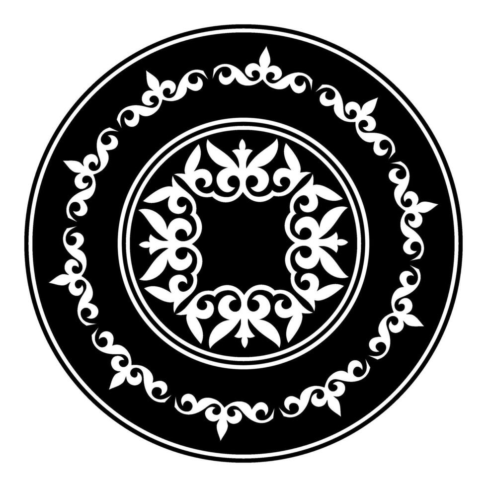 Traditional round pattern of Kazakh. Ancient Turkic ornaments. Traditions of Kazakhstan. Yurt. House of nomads. Round national pattern of the peoples of the great steppe. Decorative art of nomads. vector