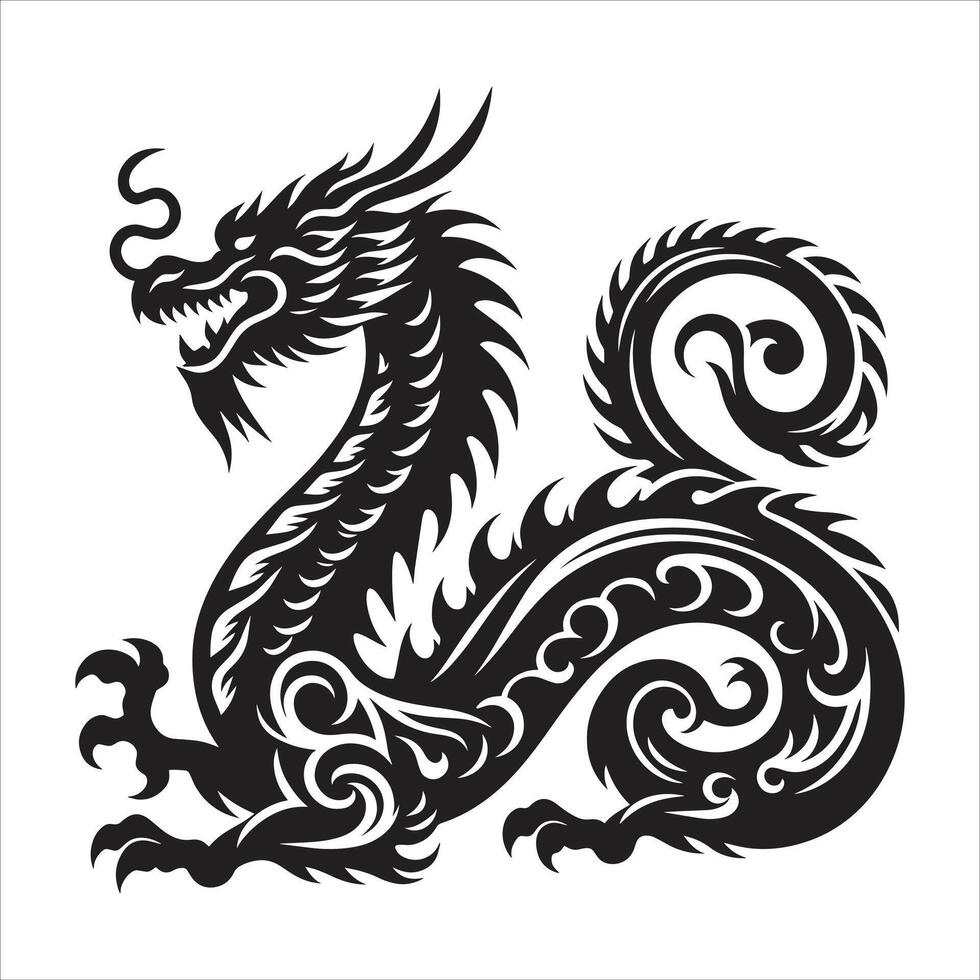 Dragon Zodiac Sign Silhouette, Chinese Dragon Of Lunar New Year Zodiac Sign Black And White Cartoon Illustration vector