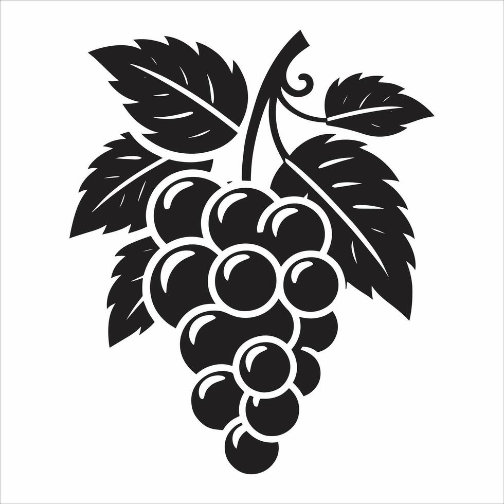 Black And White Silhouette Grapes Isolated On A White Background, Bunch Of Grapes With Leaves Silhouette Illustration vector