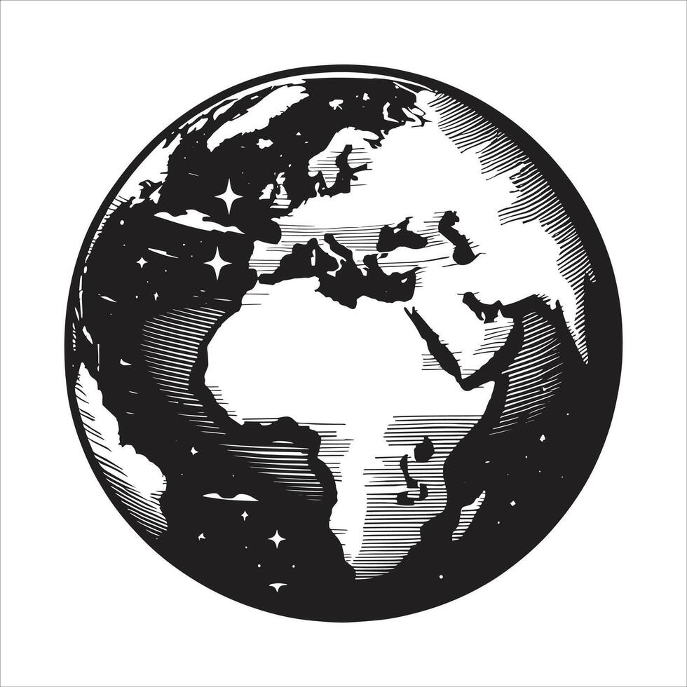 Earth Globe Ecology Concept. Earth And World Map Icon Black And White Outline Line Art Illustrations vector