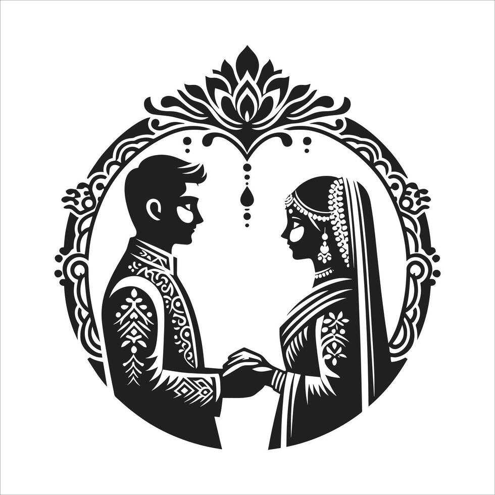Hindu Dulha Dulhan Wedding Clipart Design. Hindu Bride Groom wedding Card Clip Black And White Line Drawing Illustration vector