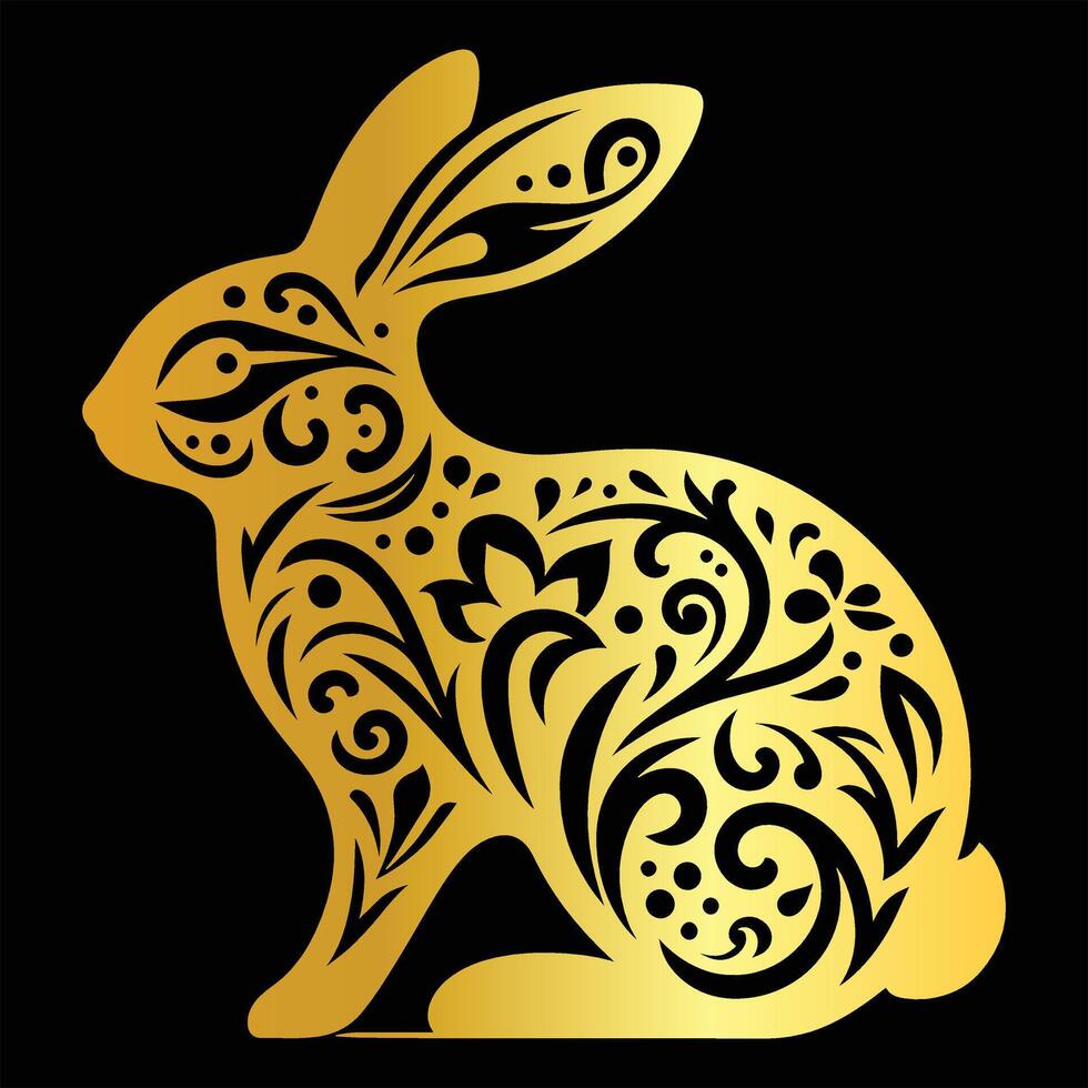 Chinese New Year Zodiac Gold Gradient Rabbit with White Floral Ornament vector