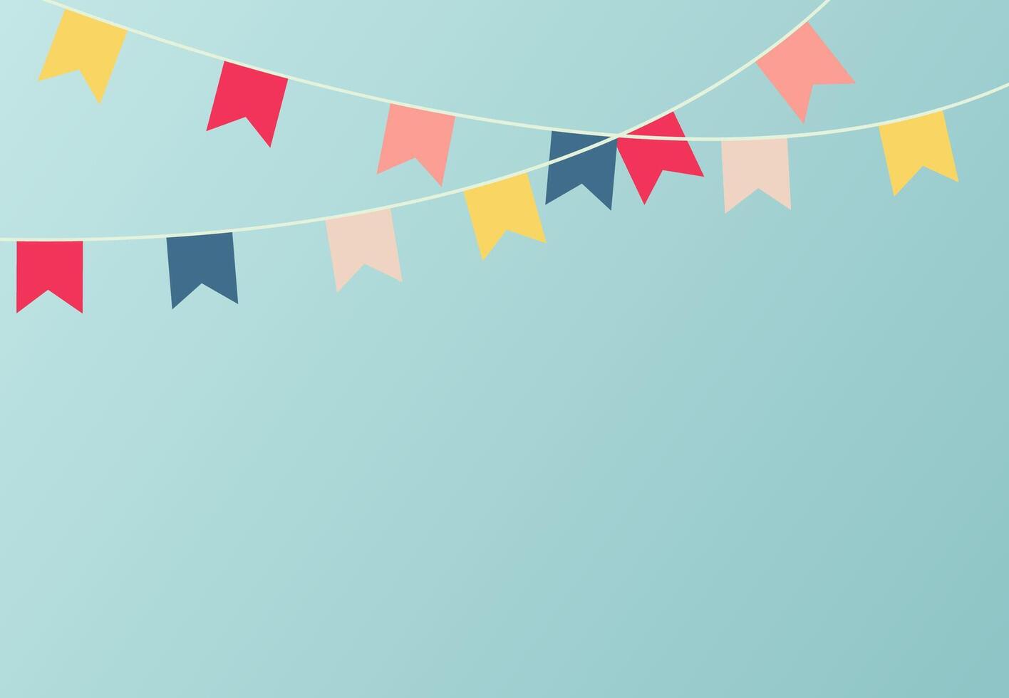 Hanging festive colorful garland of paper flags on blue wall background. Holiday decorations concept. vector