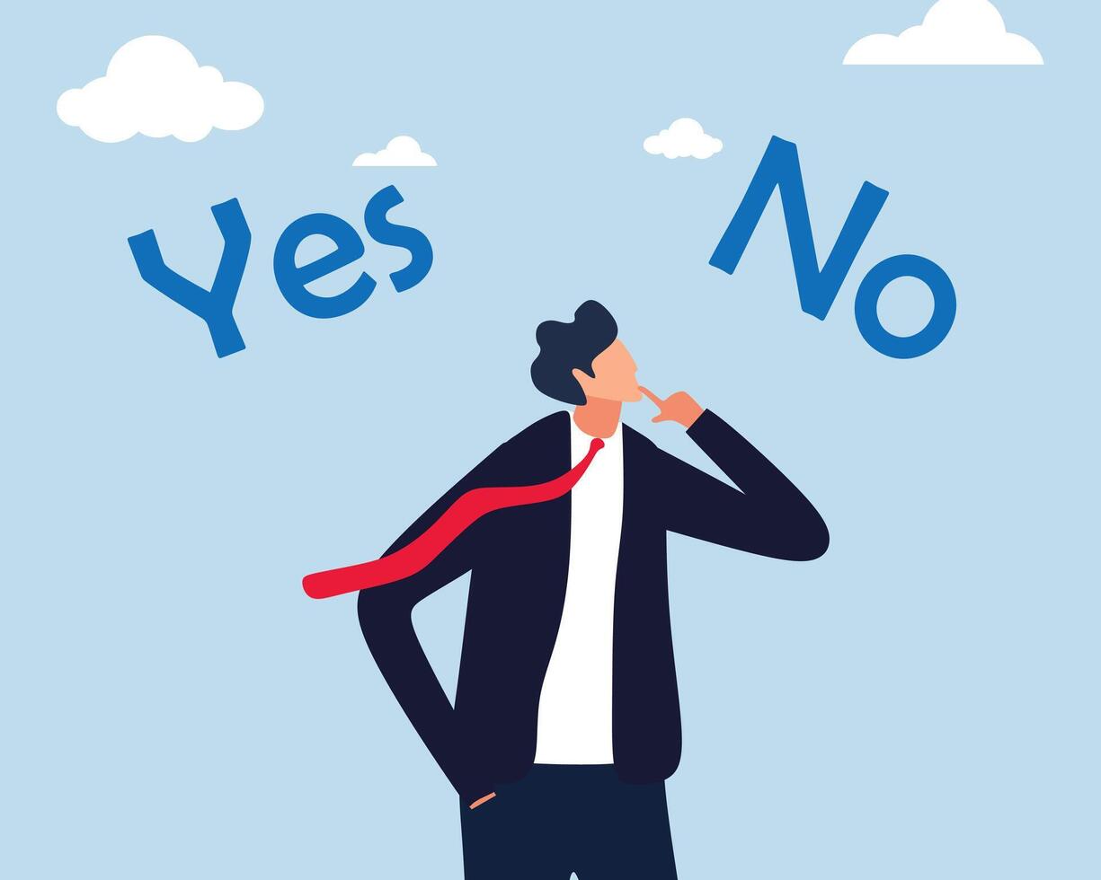 Businessman decision right or wrong, true or false, correct and incorrect. Rational businessman thinking and make decision for business or career question vector