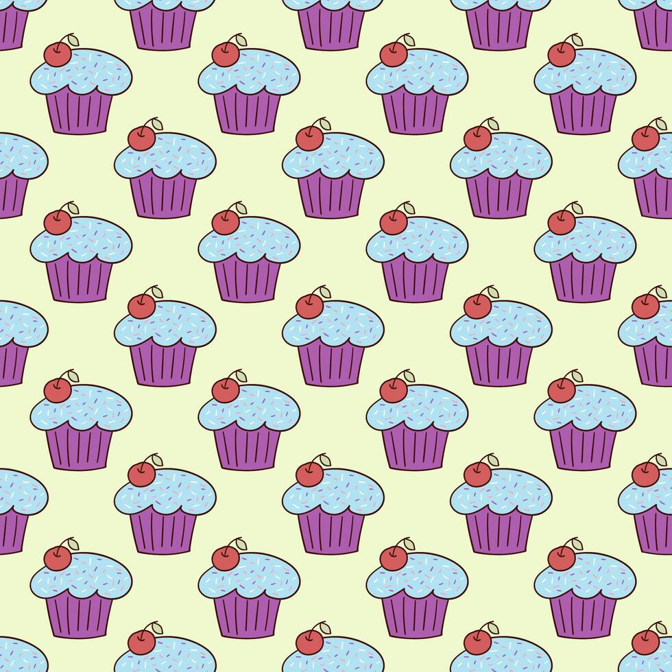 Seamless background with doodle cupcake and berries vector