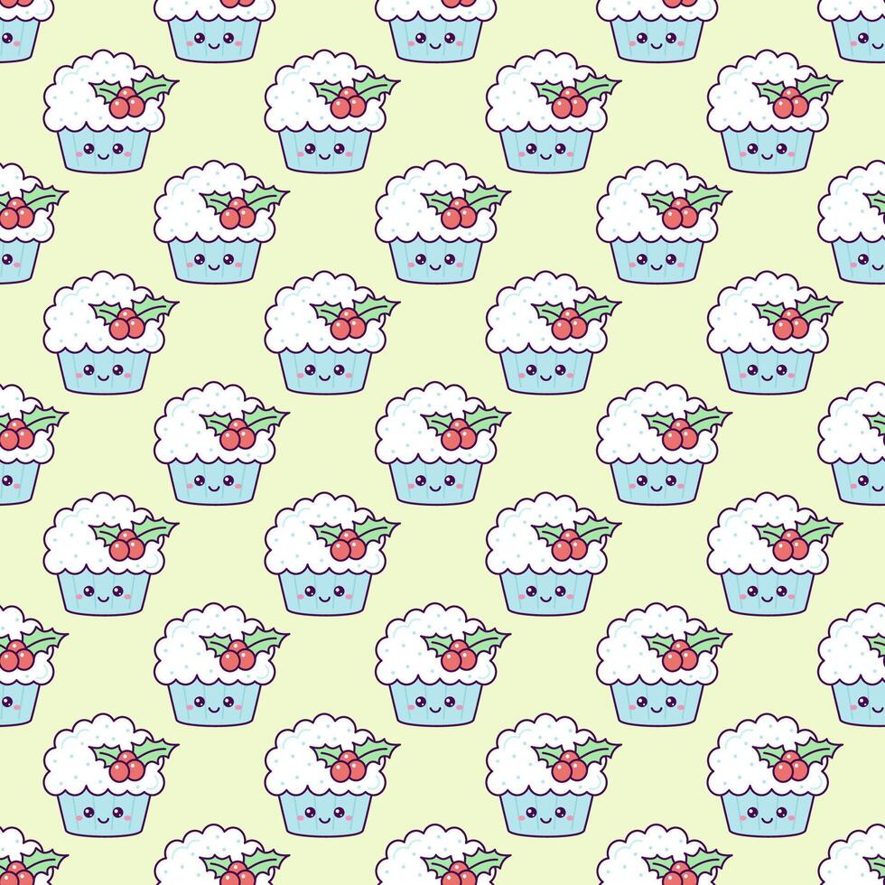 Kawaii Background with Christmas Cupcake with Berries vector