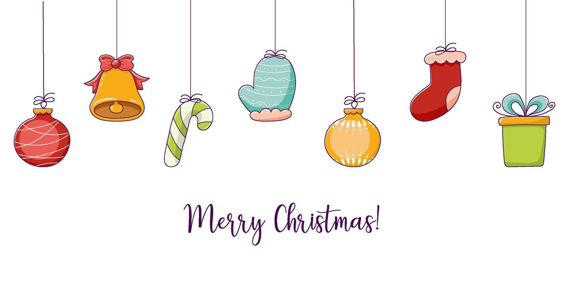 Merry Christmas, a festive backdrop with Christmas tree decorations and doodle style trinkets. vector