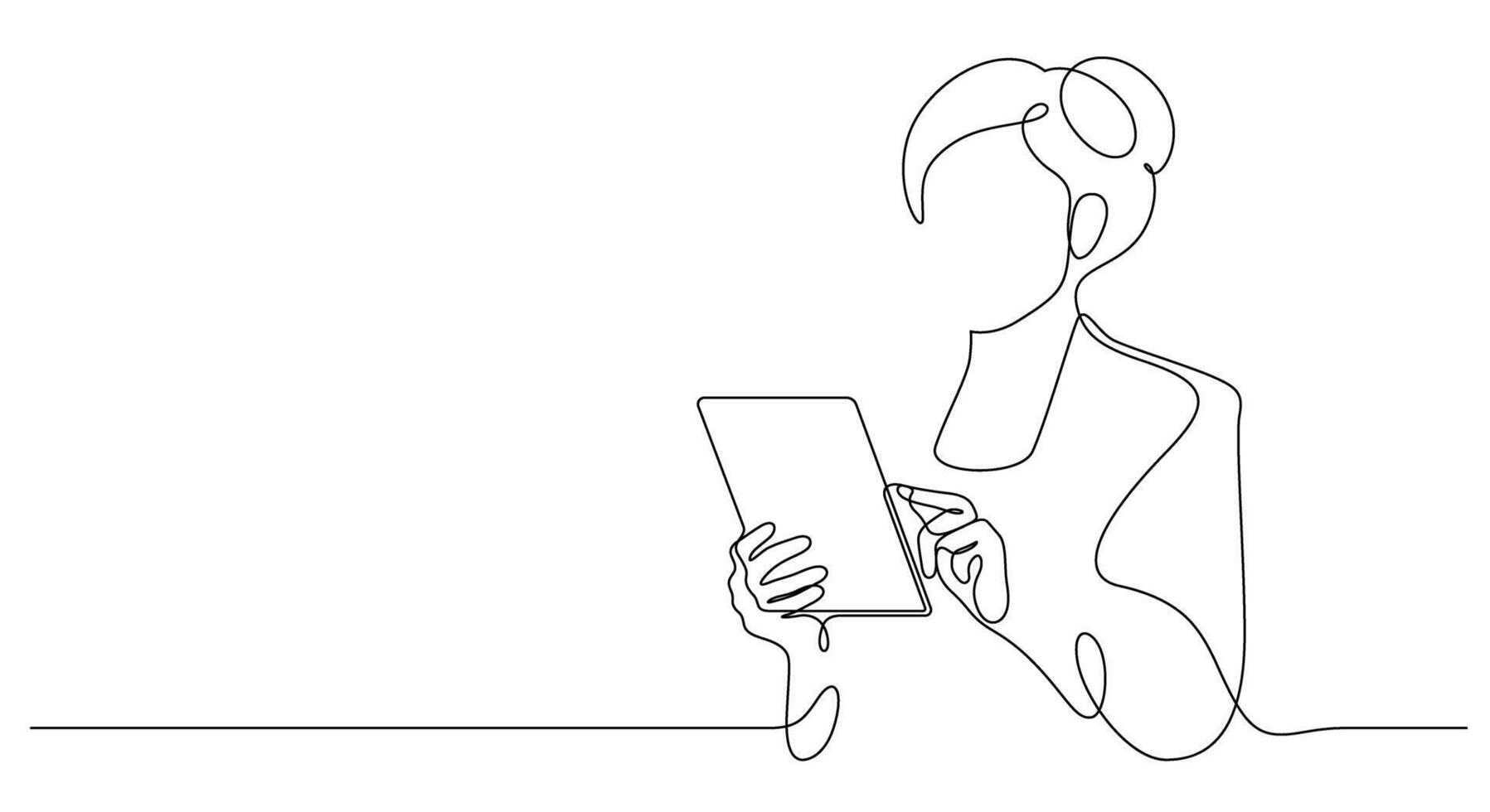businesswoman using digital tablet portrait posing advertising one line drawing continuous vector