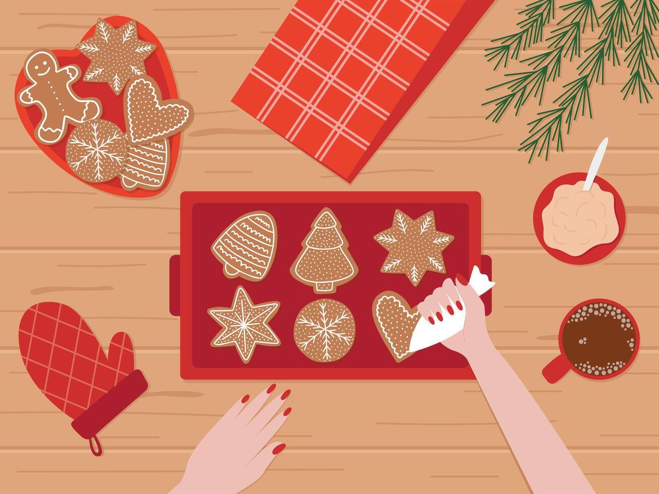 Woman hands decorating gingerbread cookies with sugar glaze flat illustration. Woman making Christmas gingerbread cookies top view vector