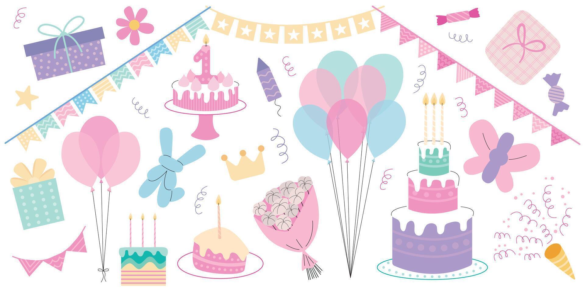 Set of different festive elements for Happy birthday party. flat birthday elements collection. vector