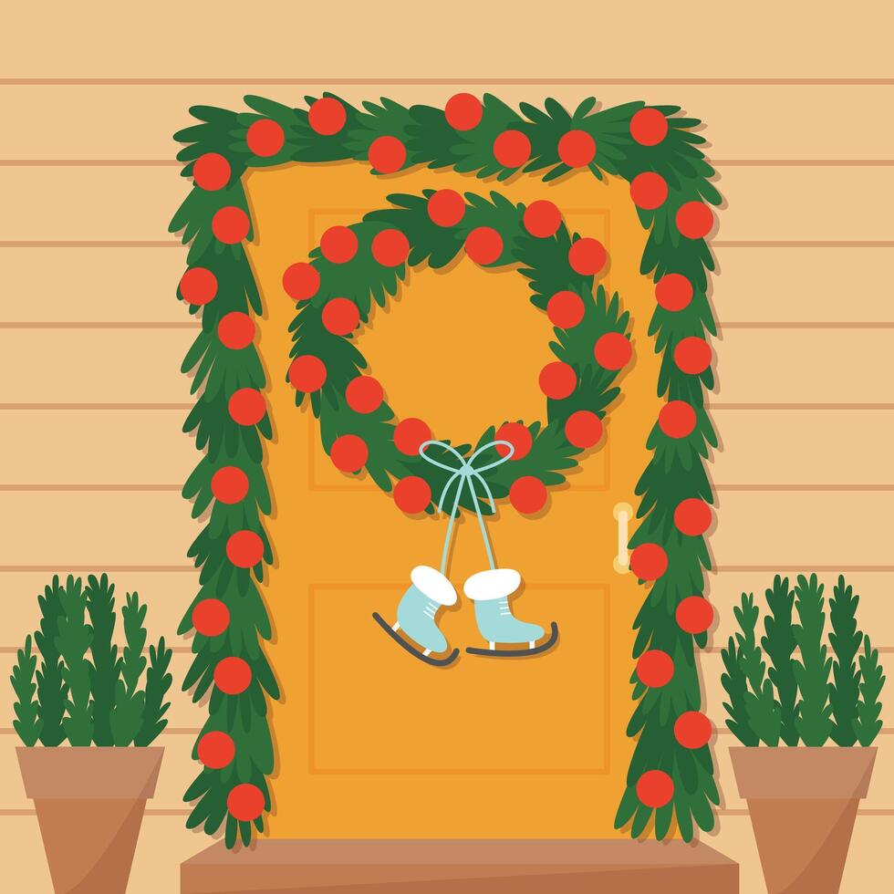 Front door with Christmas wreath and Christmas tree decor flat illustration vector