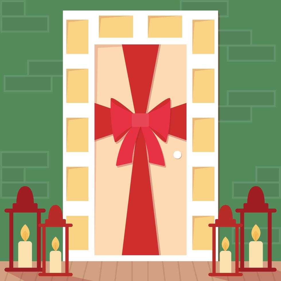 Front door with big ribbon bow on door. Christmas decoration of front door with candles flat illustration vector