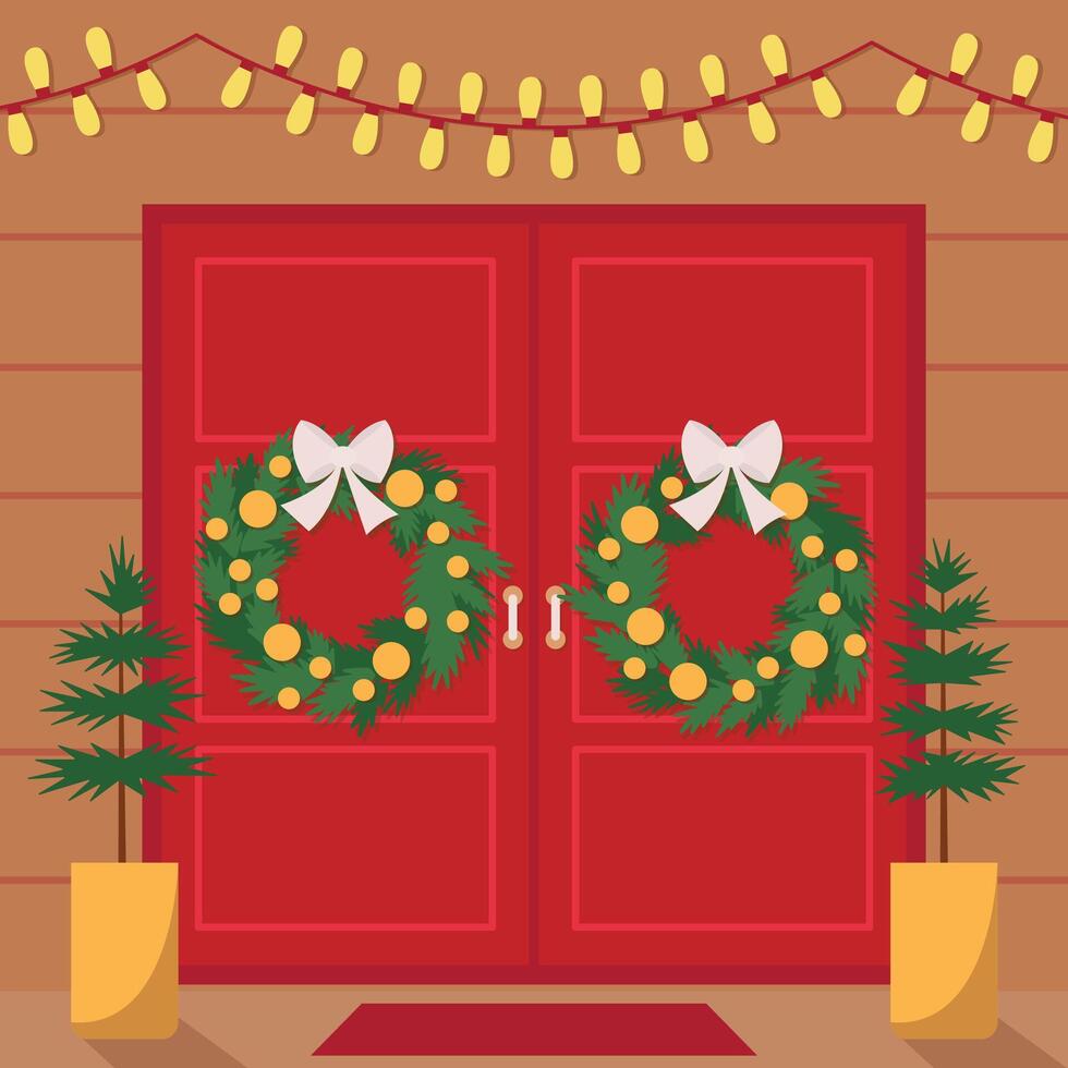 red door with Christmas wreath and lamps flat greeting card vector