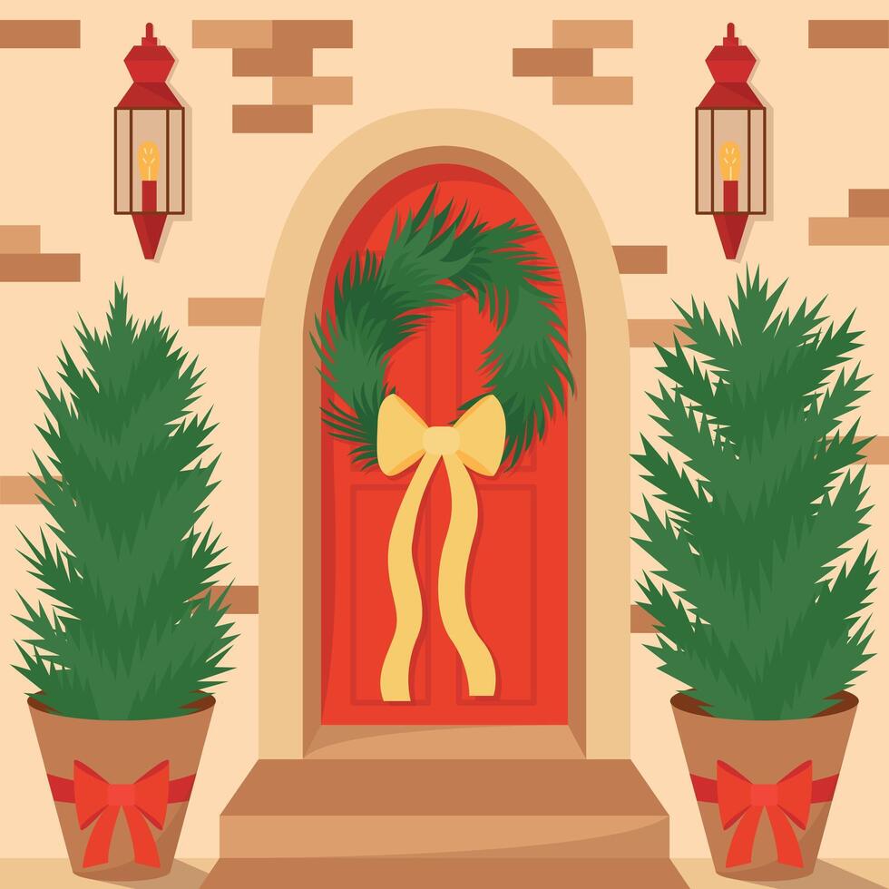 Christmas front house door decorated with wreath and Christmas tree flat illustration vector