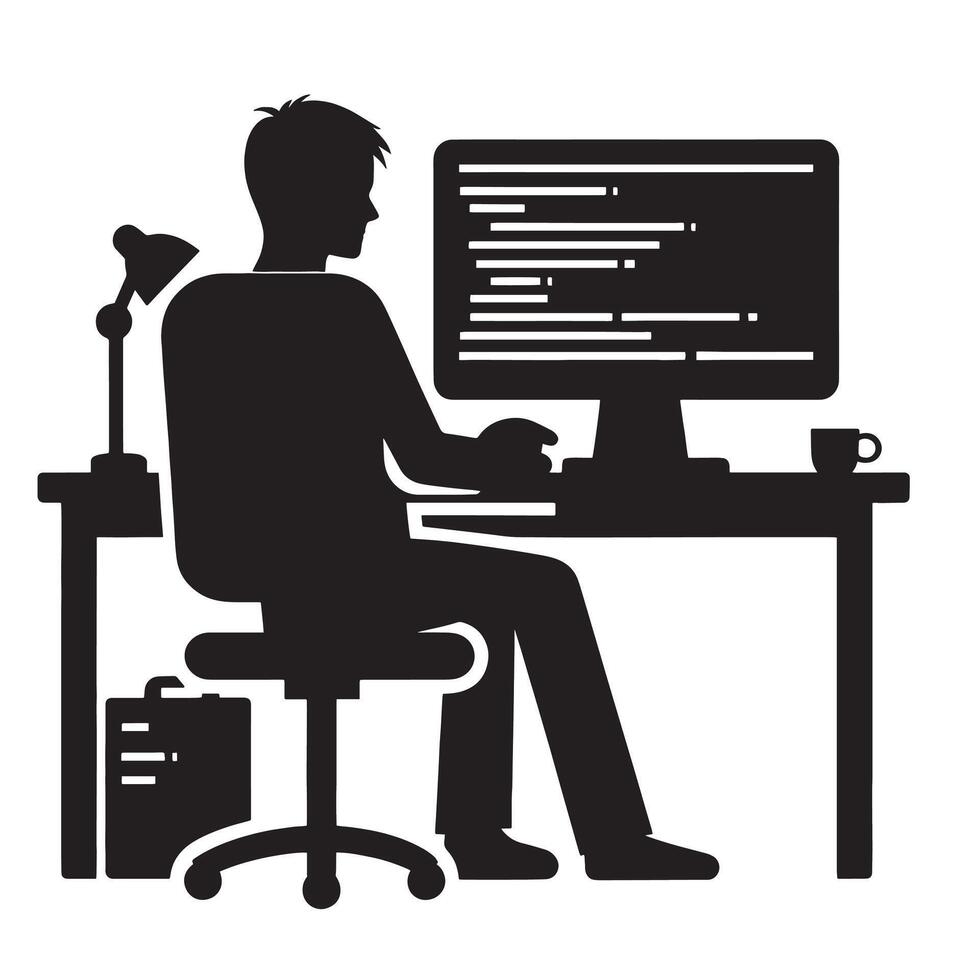 silhouette programmer work on their computer in office vector