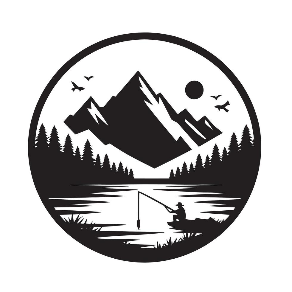silhouette fisherman fishing on the lake with background mountain vector