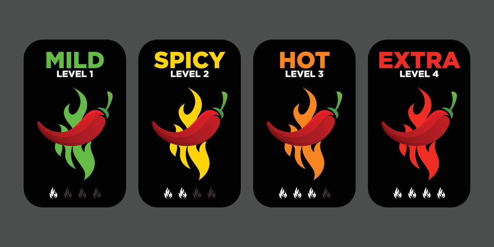 Hot spicy level labels of chili. Spicy food or sauce taste scale indicators, green, red, yellow and orange rating signs for hot, extra and mild taste vector