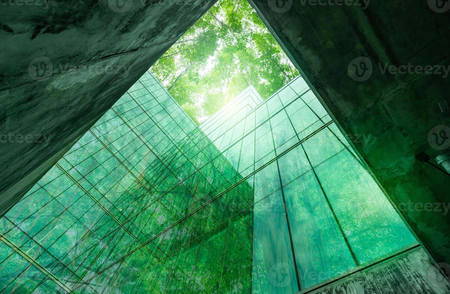 Eco-friendly building in the modern city. Sustainable glass office building with tree for reducing heat and carbon dioxide. Office building with green environment. Corporate building reduce CO2. photo