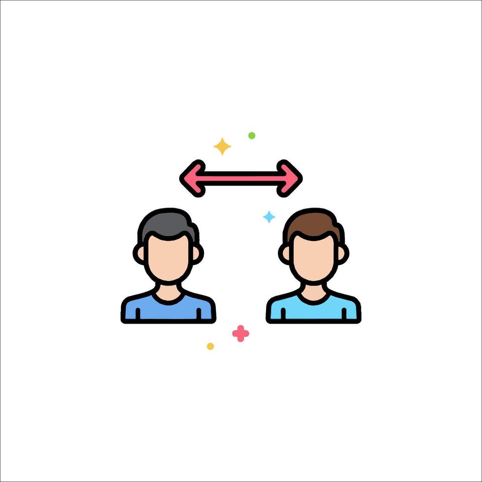 Two people are standing next to each other with arrows pointing to the left vector