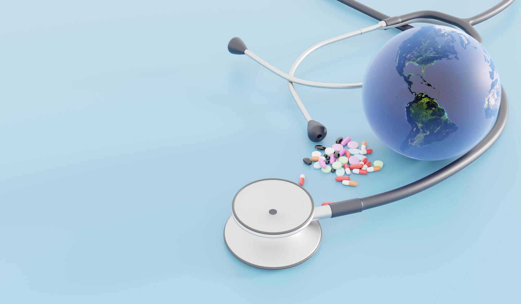 Health check stethoscope, globe mockup and pills, global health and infectious disease concept, medical equipment, 3d illustration photo