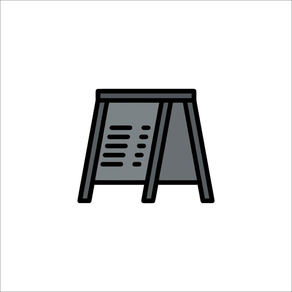 A black and white icon of a table with a sign on it vector