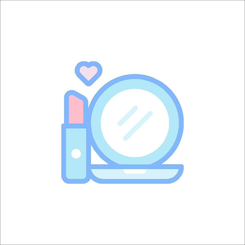 A makeup mirror and lipstick are shown in a flat line icon vector