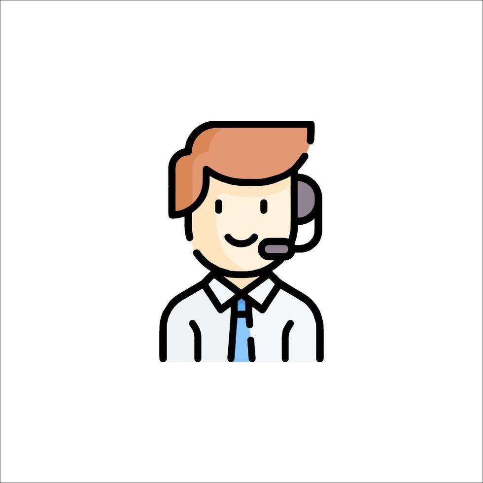 A man wearing a headset and tie is shown in a flat line icon vector