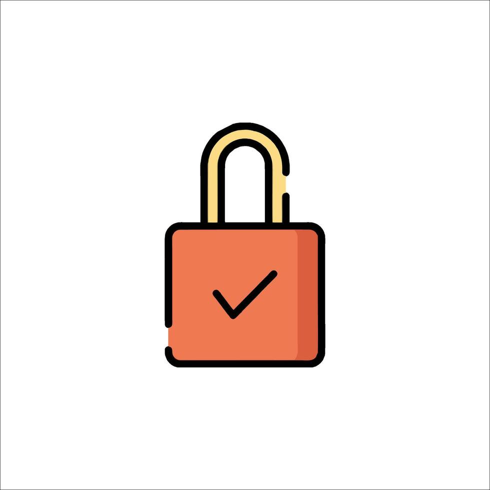 An orange padlock icon with a tick mark vector