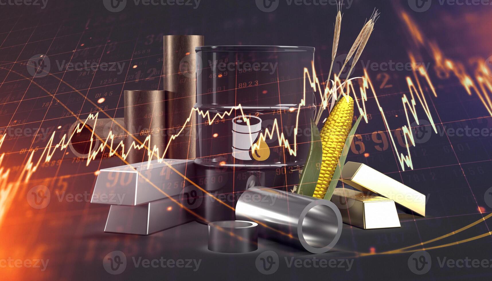 Commodities including crude oil, gold, silver, copper, platinum, and corn isoladed background. 3d rendering illustration. photo