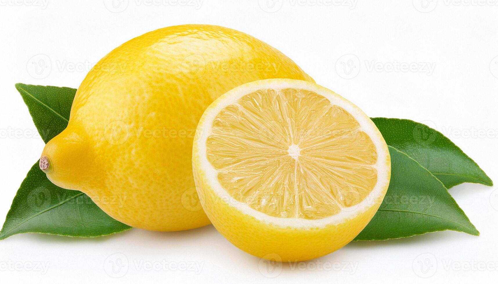 Whole fresh beautiful yellow lemons with half and leaves is isolated on white background with clipping path. photo