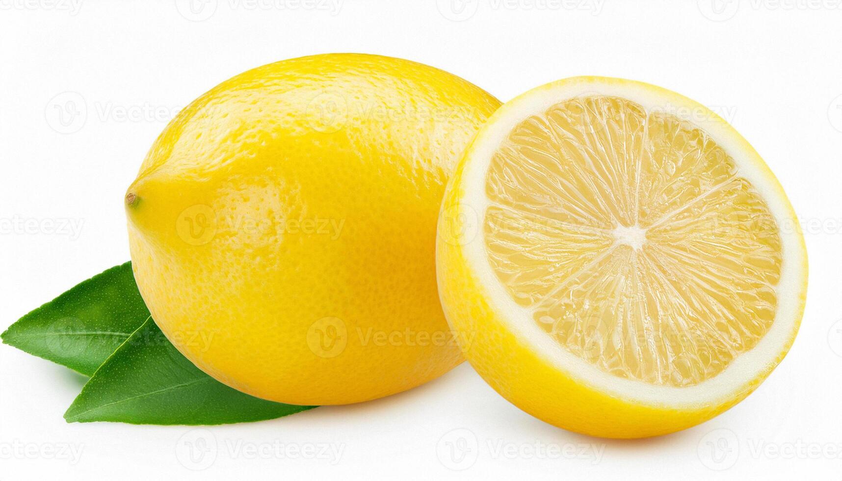 Whole fresh beautiful yellow lemons with half and leaves is isolated on white background with clipping path. photo