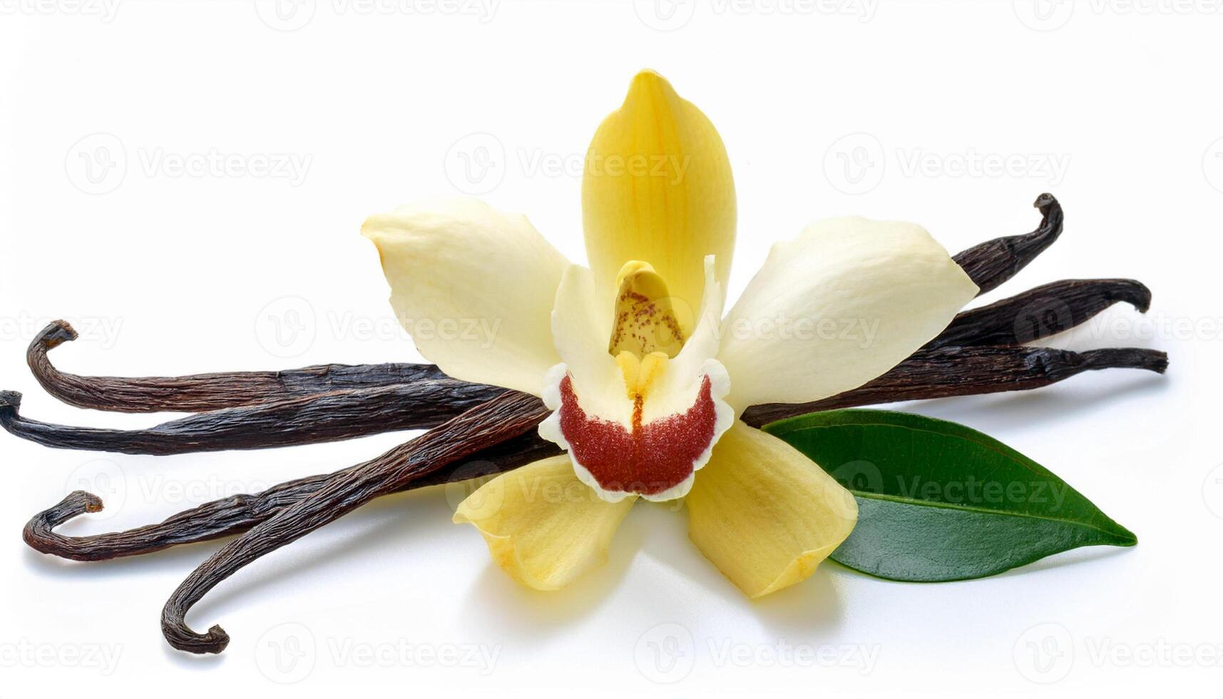 vanilla flower with pods and leaves isolated on a white background. photo