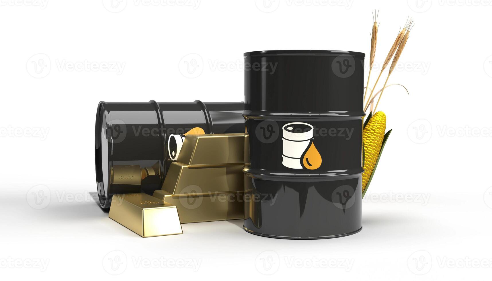 Commodities including crude oil, gold, silver, copper, platinum, and corn isoladed background. 3d rendering illustration. photo