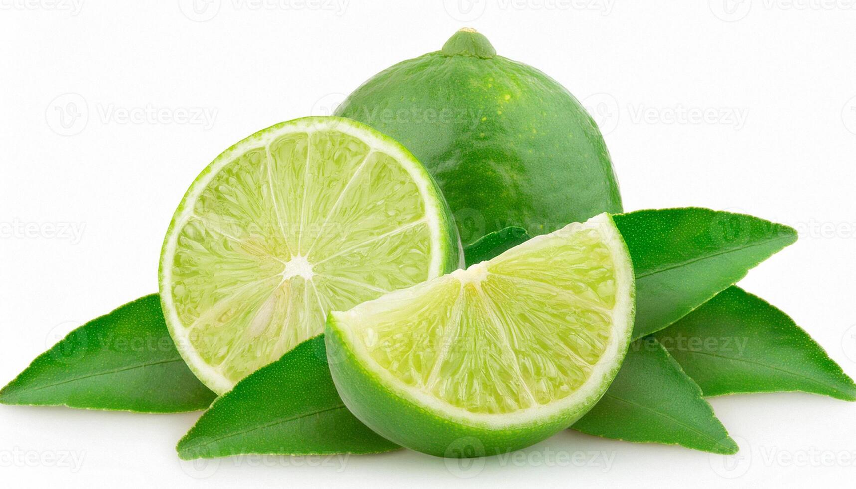 Front view of green lemon fruit with slice or quarter and green leaf is isolated on white background photo