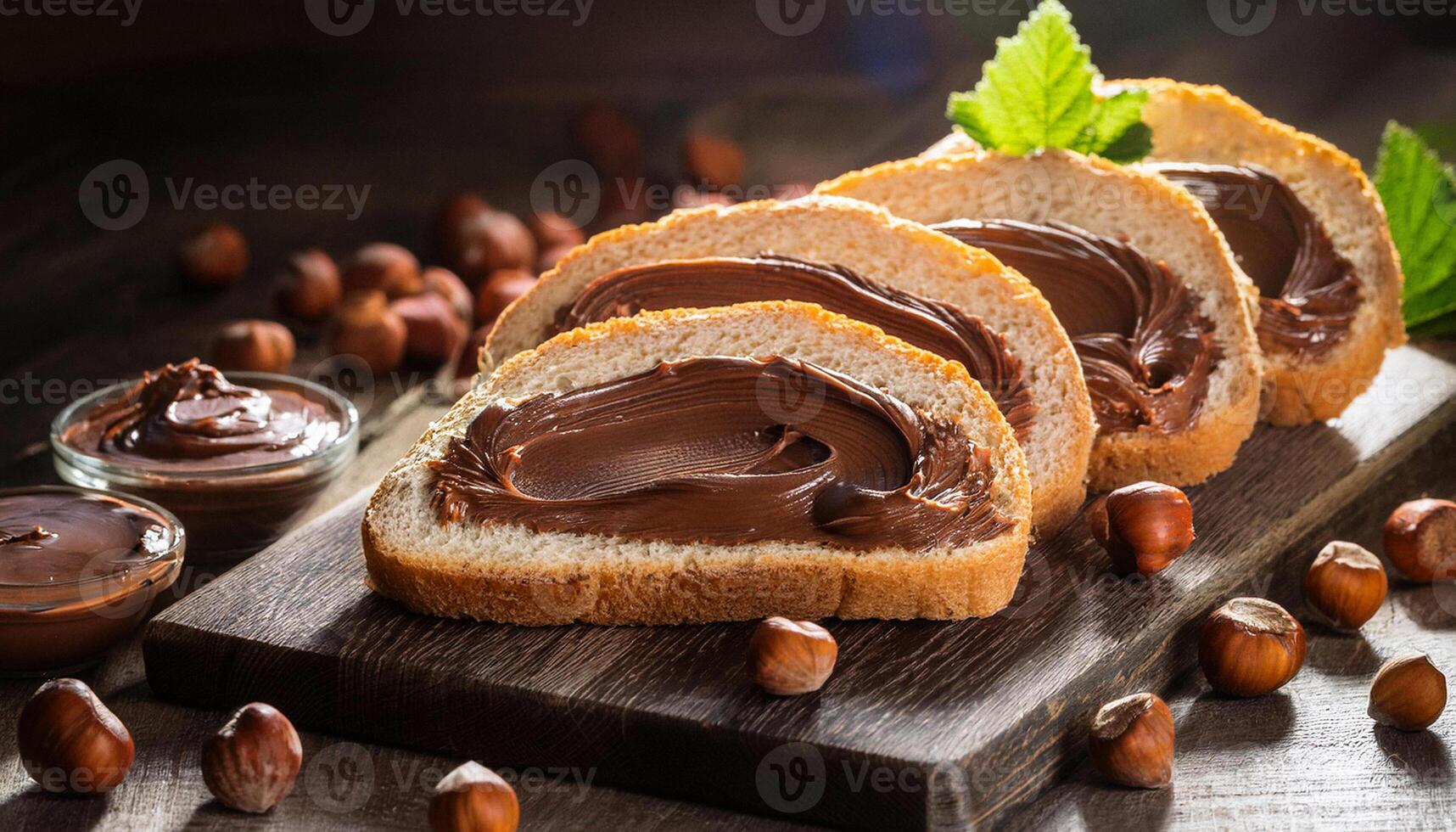 Board of bread with chocolate paste and hazelnuts on wooden background. photo