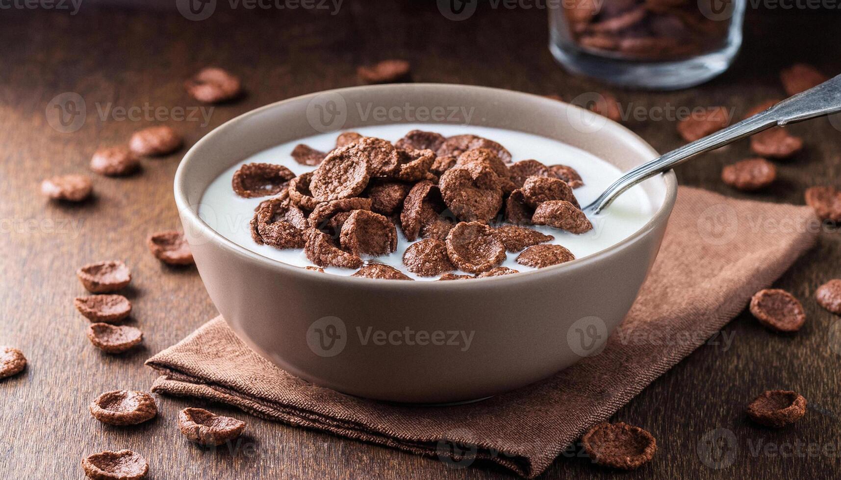 Breakfast cereal. Chocolate corn flakes and milk in bowl on white table, closeup photo