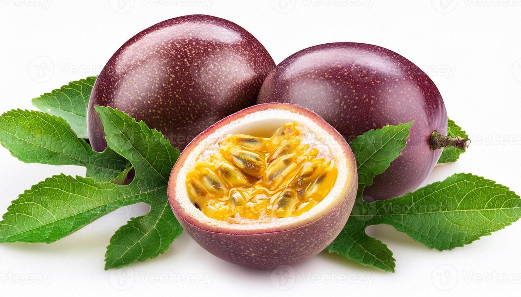 Passion fruit Isolated with leaf. Passion maracuya fruit on white background. photo