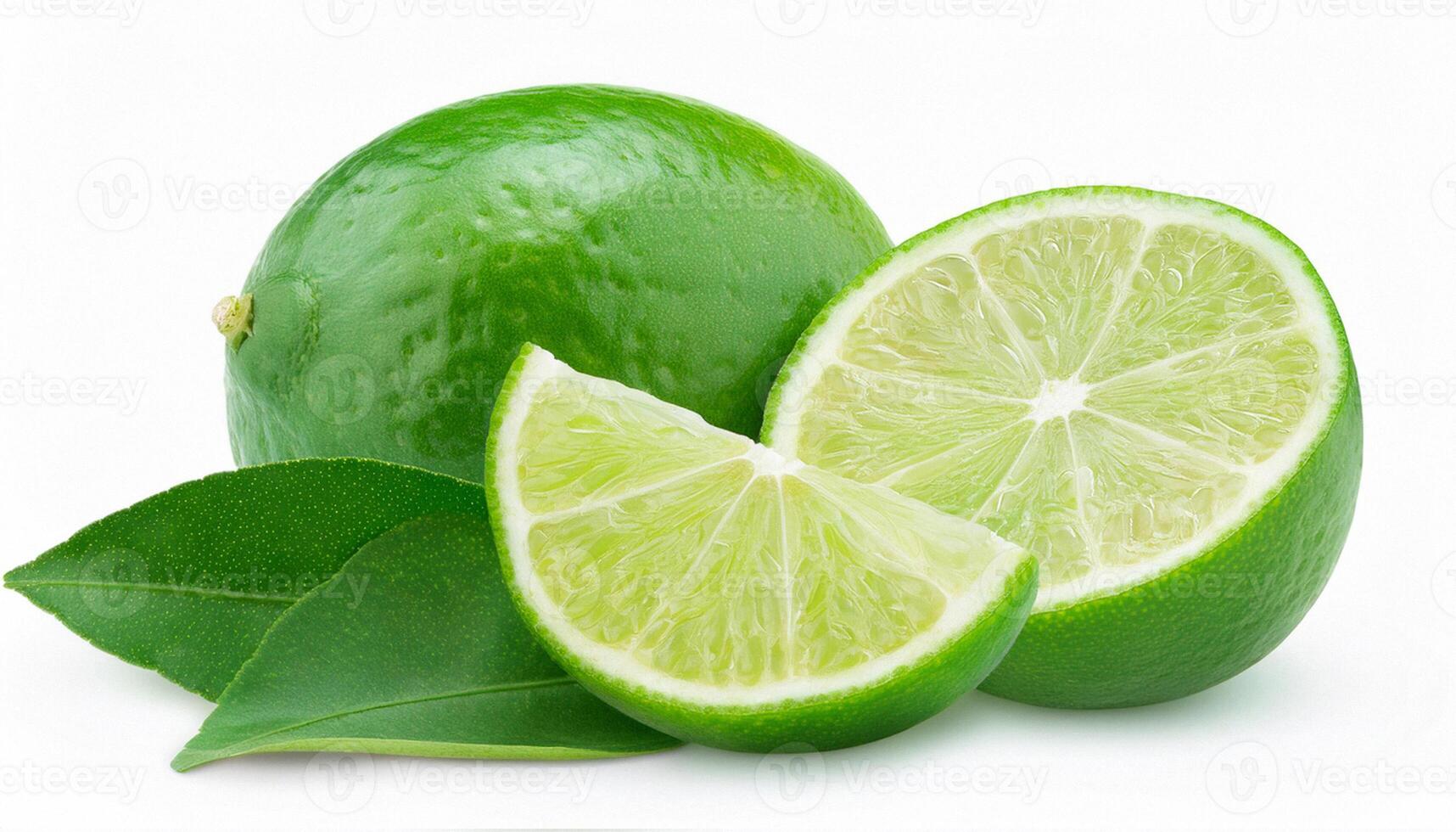 Front view of green lemon fruit with slice or quarter and green leaf is isolated on white background photo