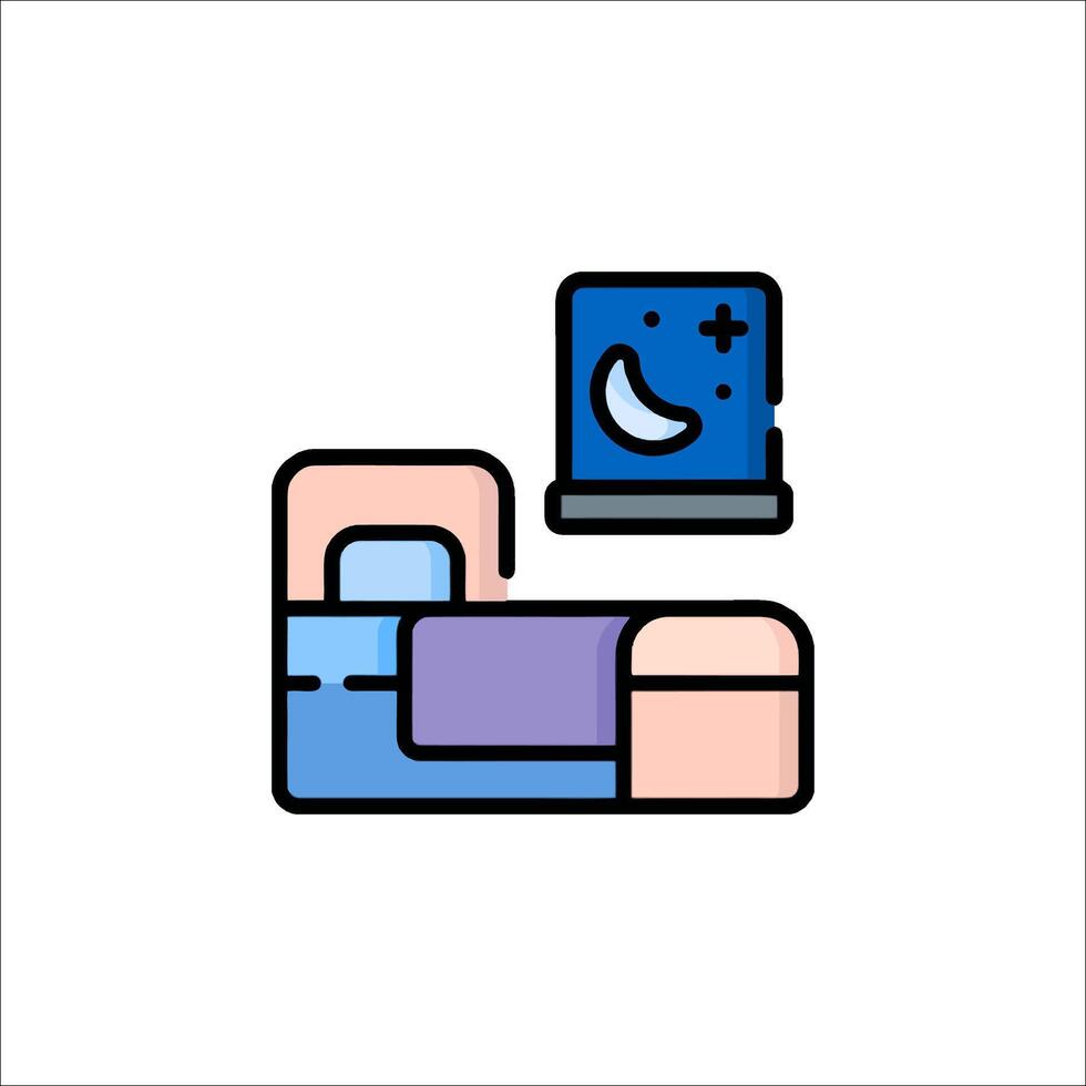 A bed with a clock and a night light vector