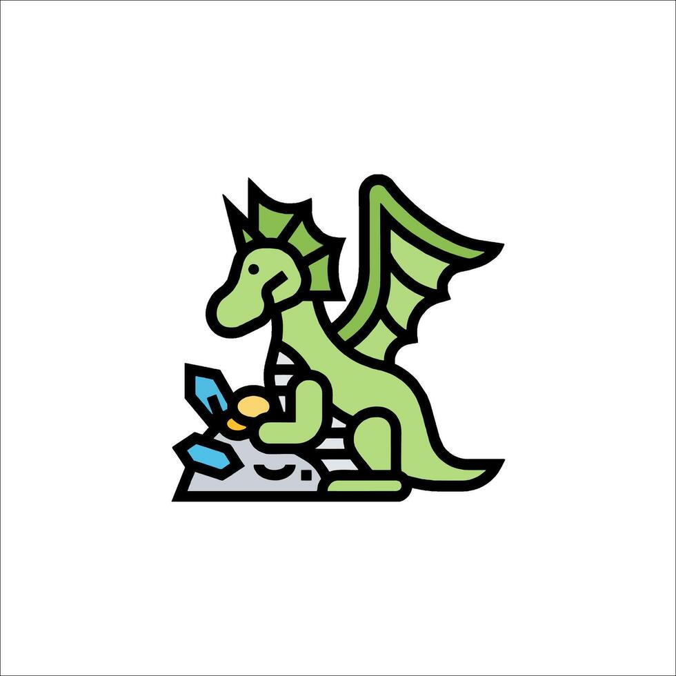 A green dragon sitting on a rock with a sword vector