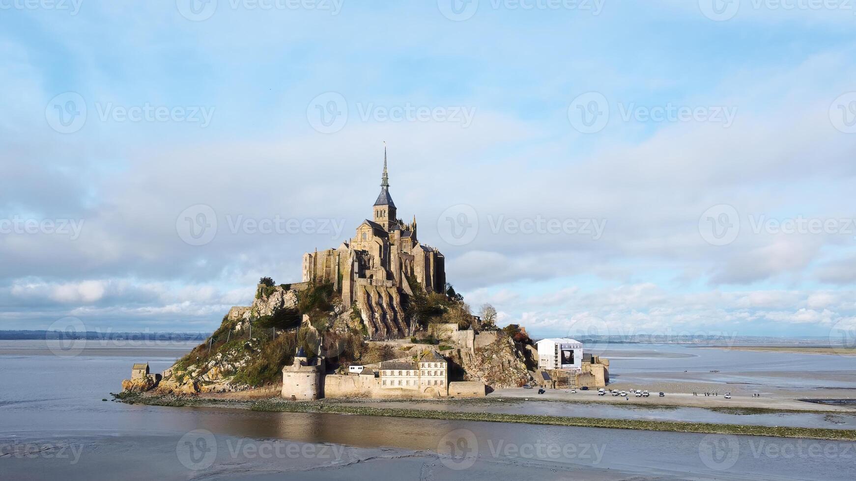 Mont Saint-Michel Abbey and Tidal Sands View from drone photo