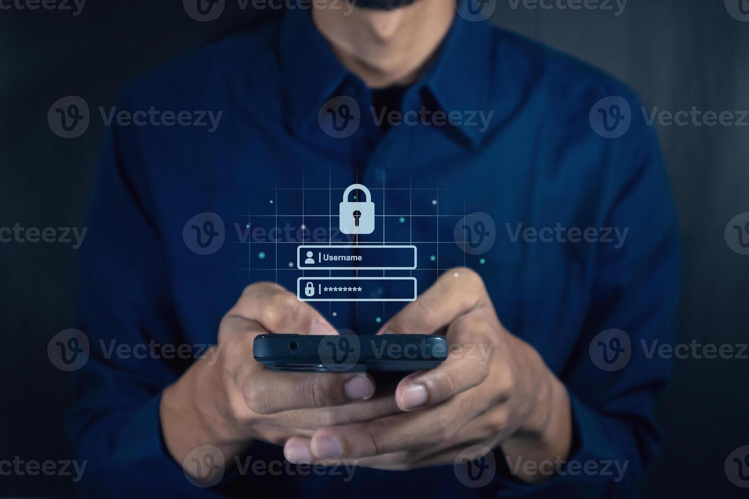 Man holding a smartphone to login username and password on screen. Data privacy online protection on mobile phone application. photo