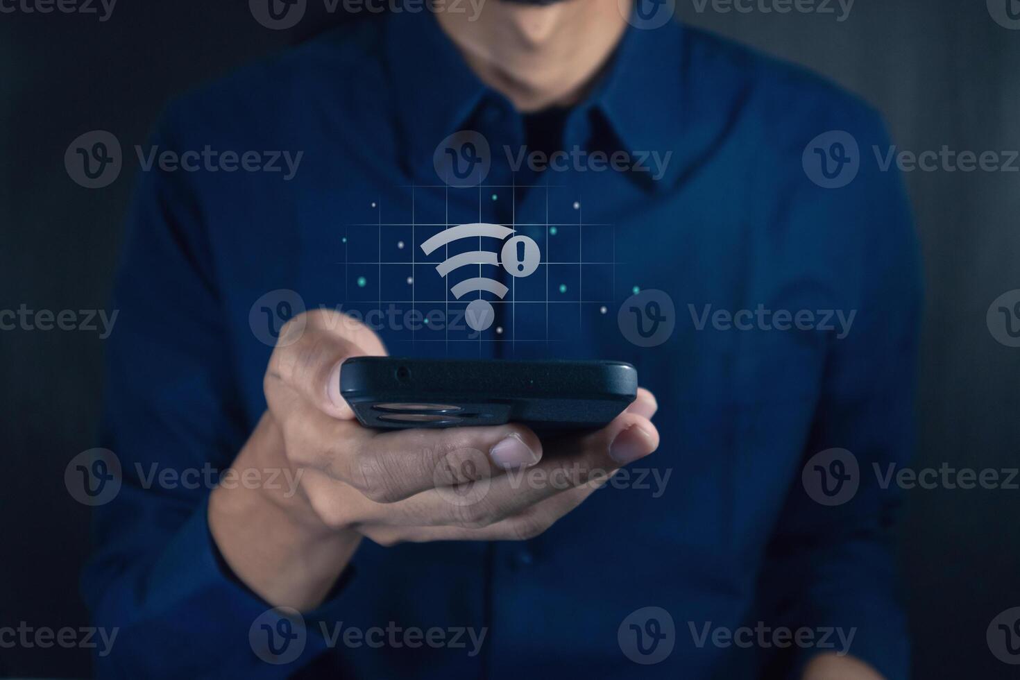 Man using a smartphone with no internet connection on screen. No internet access or bad connection concept. photo