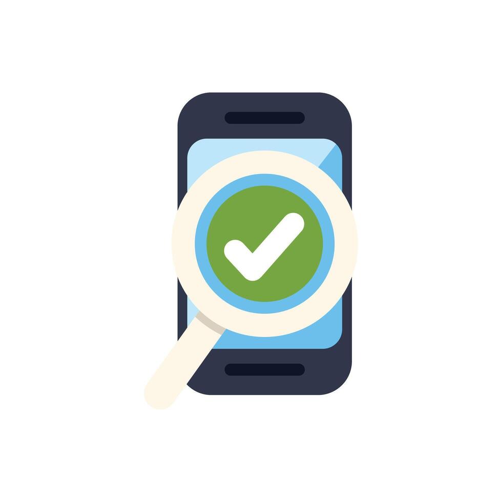 Magnifying glass over smartphone validating mobile application vector