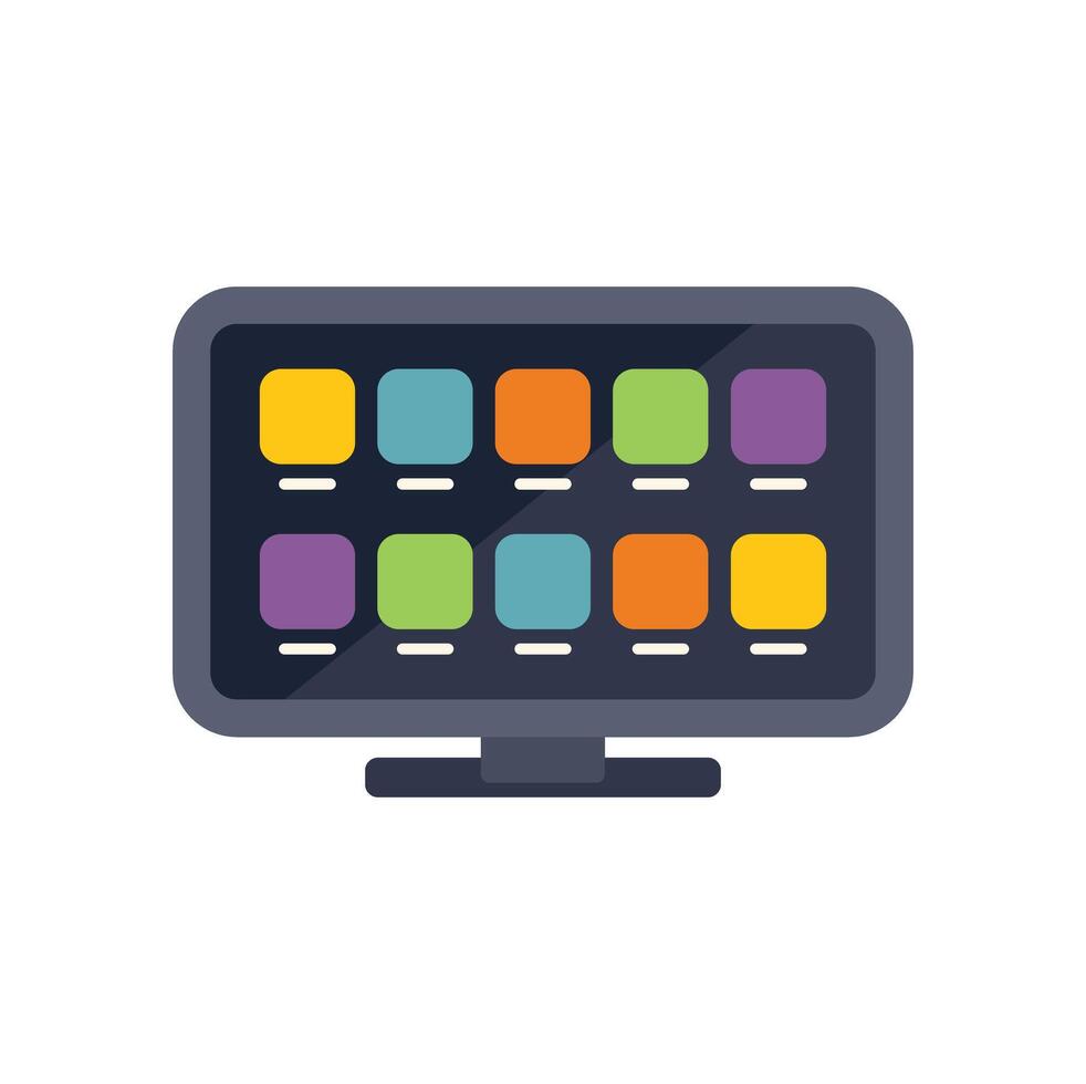 Computer monitor displaying program menu with colorful icons vector