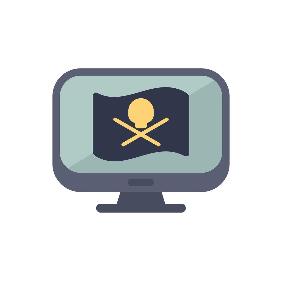 Cyber crime concept showing pirate flag on computer screen illustrating hacking vector
